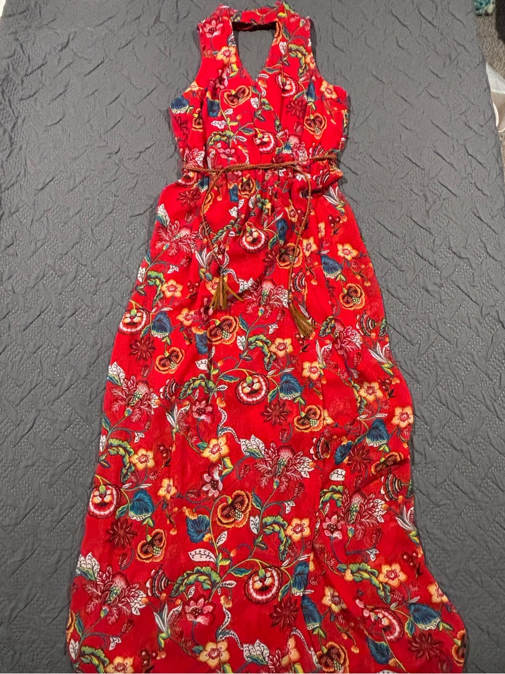 by & by Red Floral Halter Maxi Dress with Braided Waist Tie